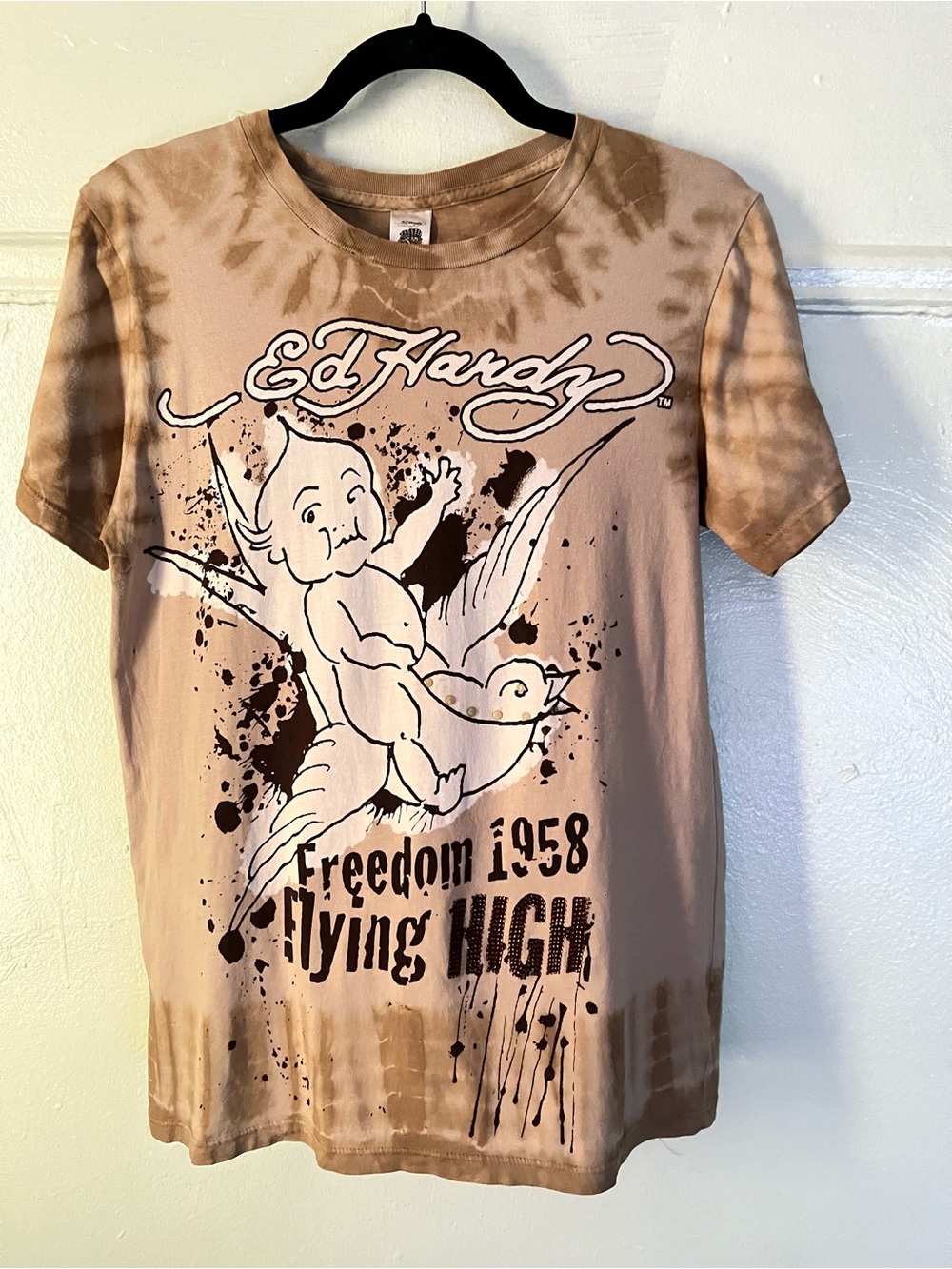 Vintage Y2k Ed Hardy Men’s ' Beige Tie-Dye Graphic Tee - Freedom 1958